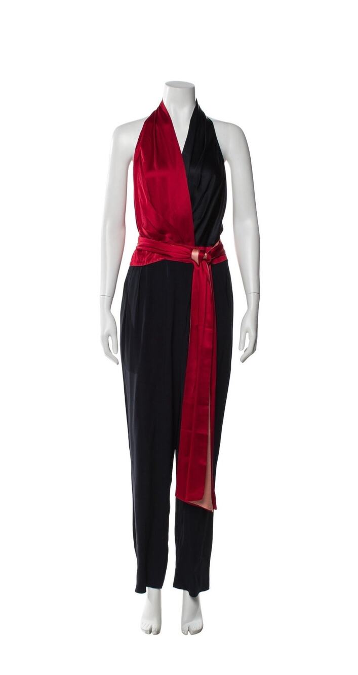 Plunge Halter Satin Red and Black Jumpsuit by Diane von Furstenburg, size 6